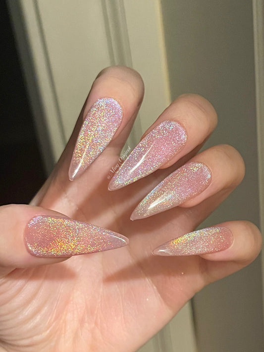 Universal Rainbow Cat Eye Nails Holographic Magnetic Cotton Candy press on nails, reuse nails, jelly fake nail, sparkly Christmas nail