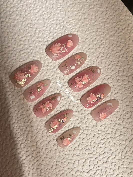 Reusable Pink Blush Glittery with flower nail, bird nail, Premium Press on Nails, Fake nails, Handmade gel art Nails, Matte Nails