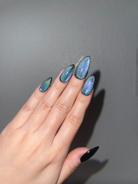 Black Rainbow Cat Eye Holographic Magnetic Cotton Candy, Acrylic & press on nails, reuse nails, jelly fake nail, sparkly Christmas nail