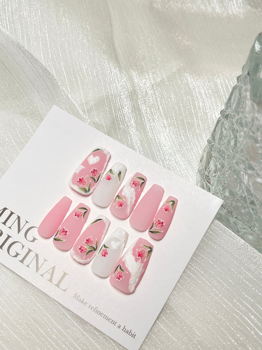 Pastel Pink Tulip Flower 3D Sculpted Pastel Acrylic Press on Nails, Fake nails, Nail Artist Faux Gel Nails, Matte Jelly Nail