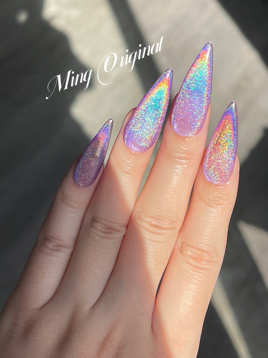 Purple Rainbow Cat Eye Holographic Magnetic Cotton Candy, Sparkly Translucent press on nails, reuse nails, jelly fake nail, gift for her