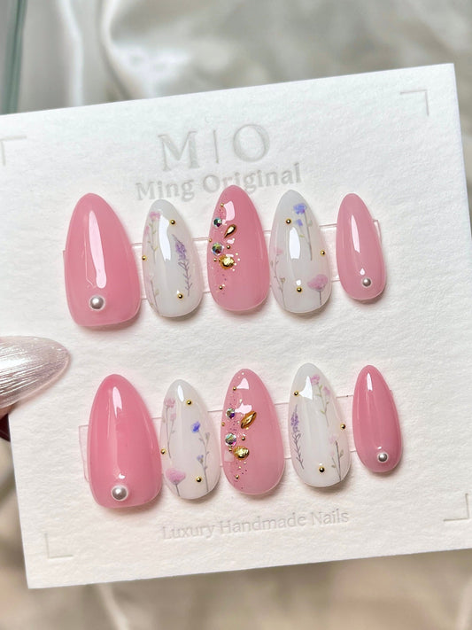 Pastel Pink flower with Pearl art nail, Premium Press on Nails, Fake Nails, elegant milky white floral nail, Handmade Gel Nails, Jelly Nails