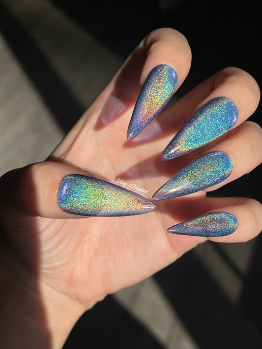 Blue Rainbow Cat Eye Holographic Magnetic Cotton Candy, sparkly translucent press on nails, reuse nails, jelly fake nail, gift for her