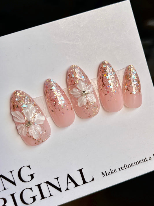 3D glittery pastel Pink flower painted nail art, Premium Press on Nails, Fake Nails, Handmade Gel Nails, Jelly Nails