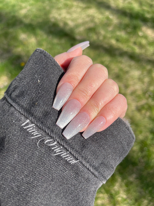 Classic Silver crystal ombre cat eye acrylic and Press on Nails, French Tip, Gradient Jelly Nails, valentine anniversary gift