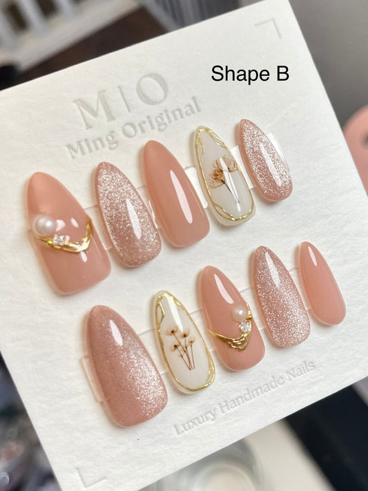 Nude cat eye with flower Acrylic & Press on Nails, Chrome with pearl and diamond Fake Nails, Handmade Gel Nails, Jelly Nails, jewel nail