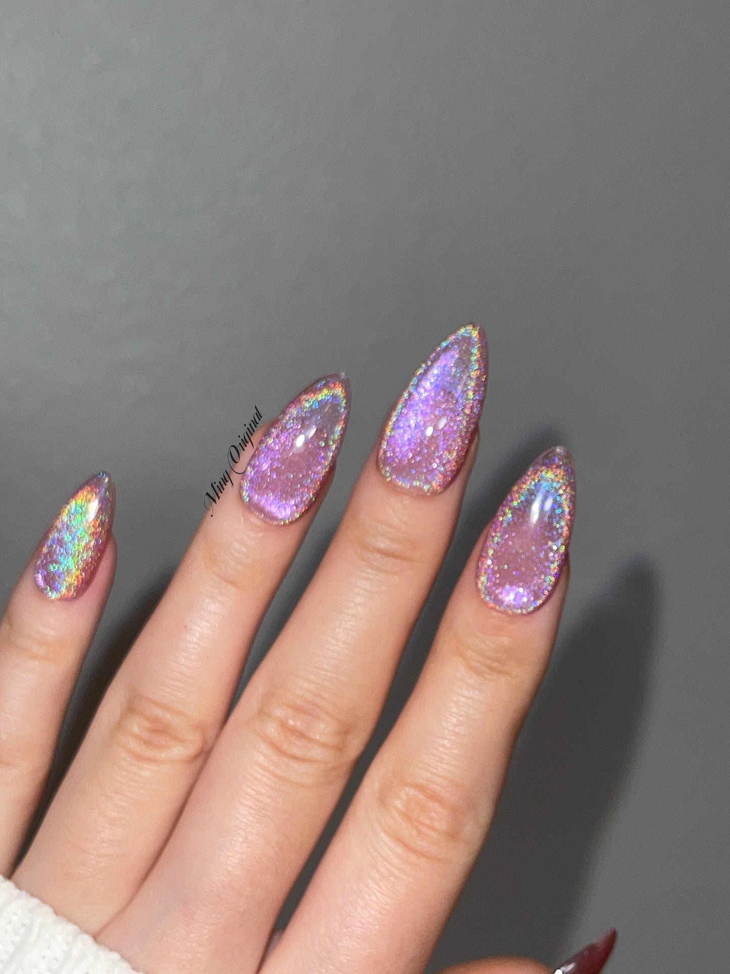 Pink Rainbow Cat Eye Holographic Magnetic Cotton Candy, Translucent press on nails, reuse nails, jelly fake nail, sparkly shimmer nail