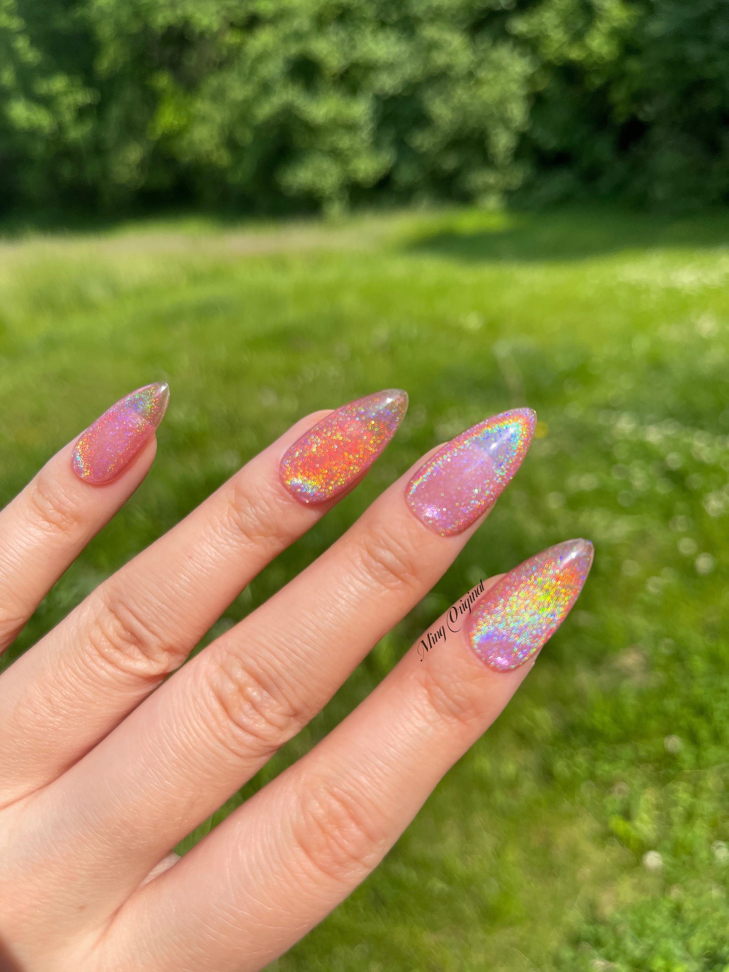 Pink Rainbow Cat Eye Holographic Magnetic Cotton Candy, Translucent press on nails, reuse nails, jelly fake nail, sparkly shimmer nail