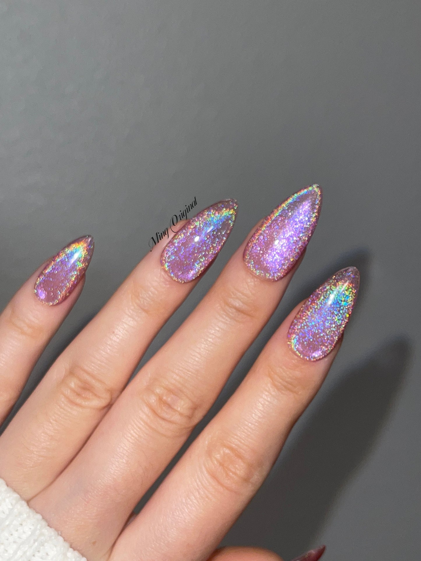 Pink Rainbow Cat Eye Holographic Magnetic Cotton Candy, Translucent press on nails, reuse nails, jelly fake nail, sparkly shimmer nail