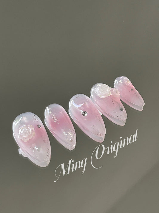 White Jelly crystal camellia flower pink ombre blush Press on Nails, glittery water blooming fake Nails, Gel Nails, jewel nail