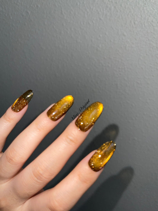 Da Amber| glass beads inspired magnetic cat eye press on nails, yellow/golden nails, semitransparent reuse nails, glitter fake nail