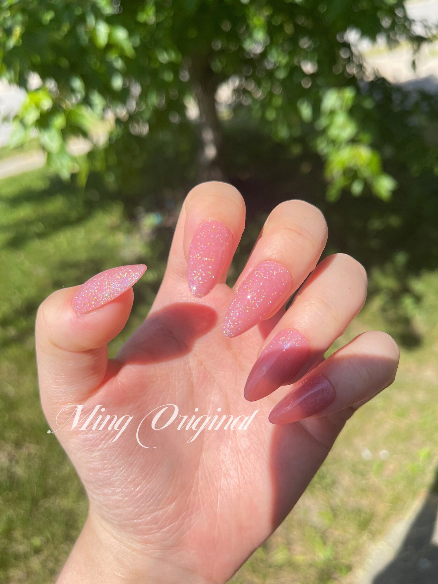 Pink rainbow shimmer Holographic press on nails, reuse nails, jelly fake nail, Sparkle nails