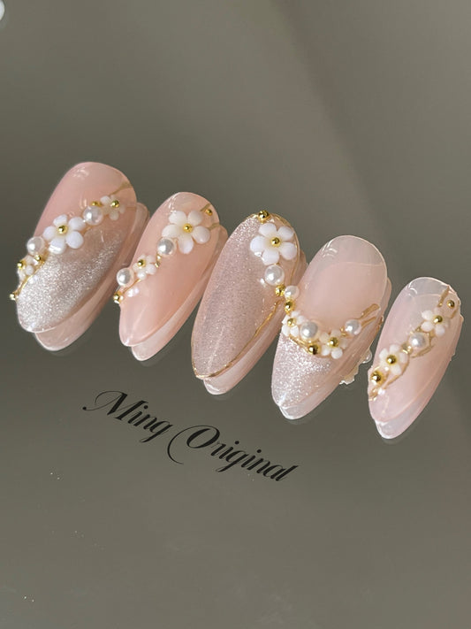 Pastel white flower pink cat eye with pearl Press on Nails, Chrome Fake Nails, Gel Nails, Jelly Nails, jewel nail