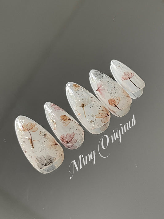 Blooming wild flower Press on Nails, Glittery Fake Nails, Handmade Gel Nails, Jelly Nails, jewel nail