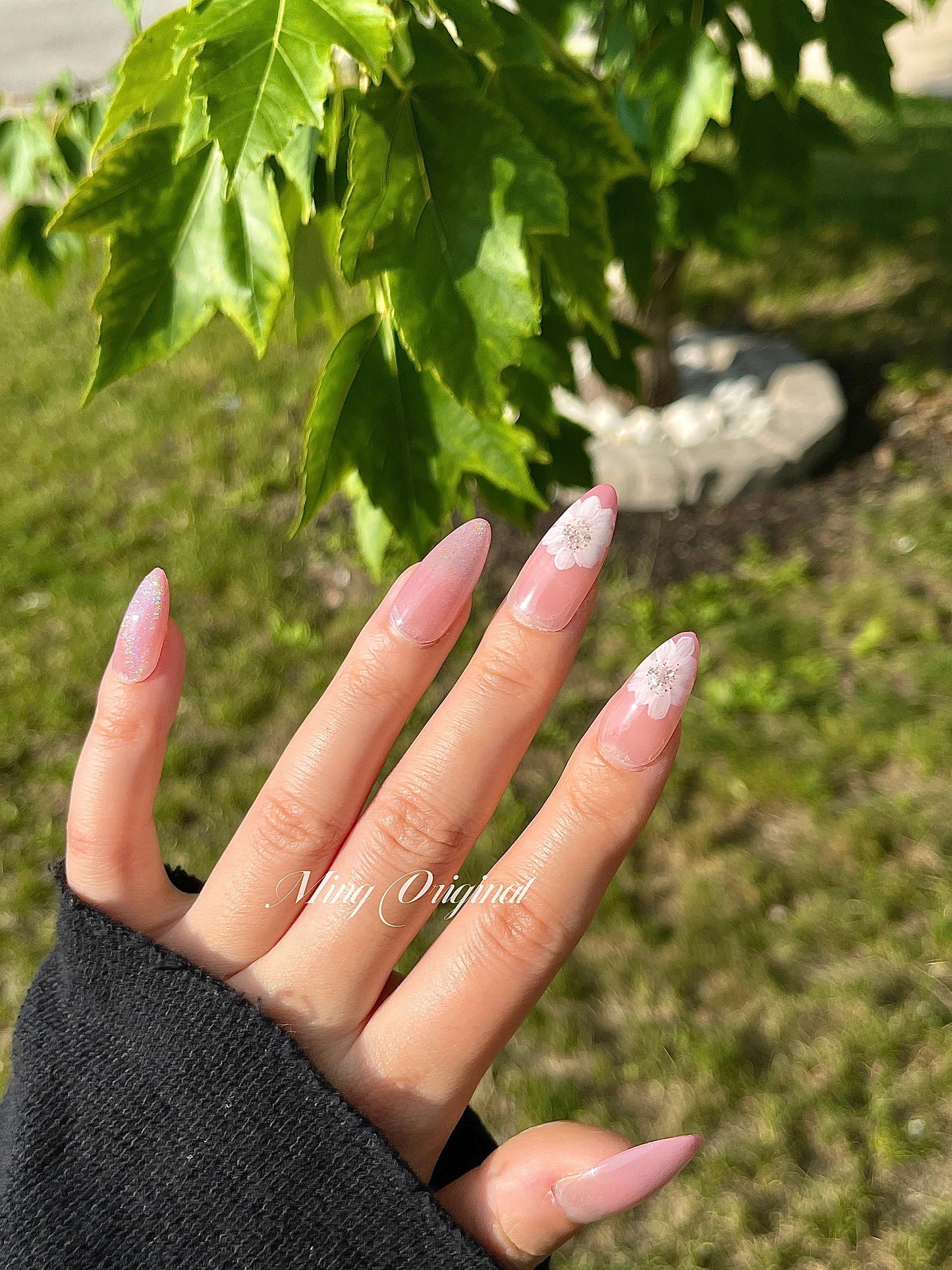 Rainbow Holo cat eye pink ombre with flower nail art, glittery white flower, Fake Nails, Handmade Gel Nails, Jelly Nails