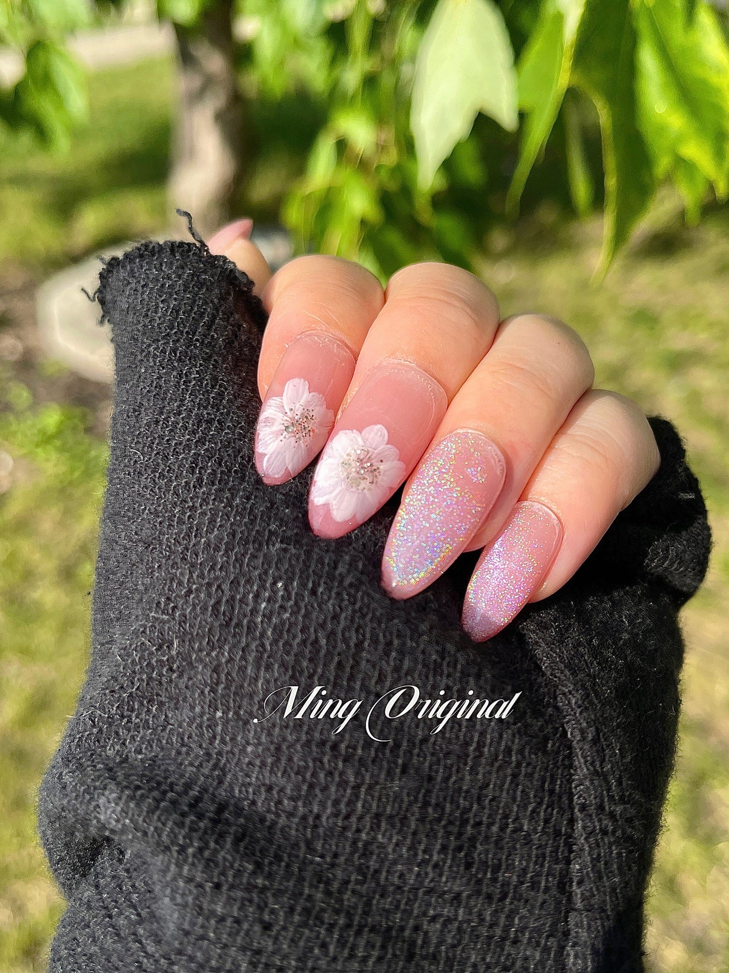 Rainbow Holo cat eye pink ombre with flower nail art, glittery white flower, Fake Nails, Handmade Gel Nails, Jelly Nails