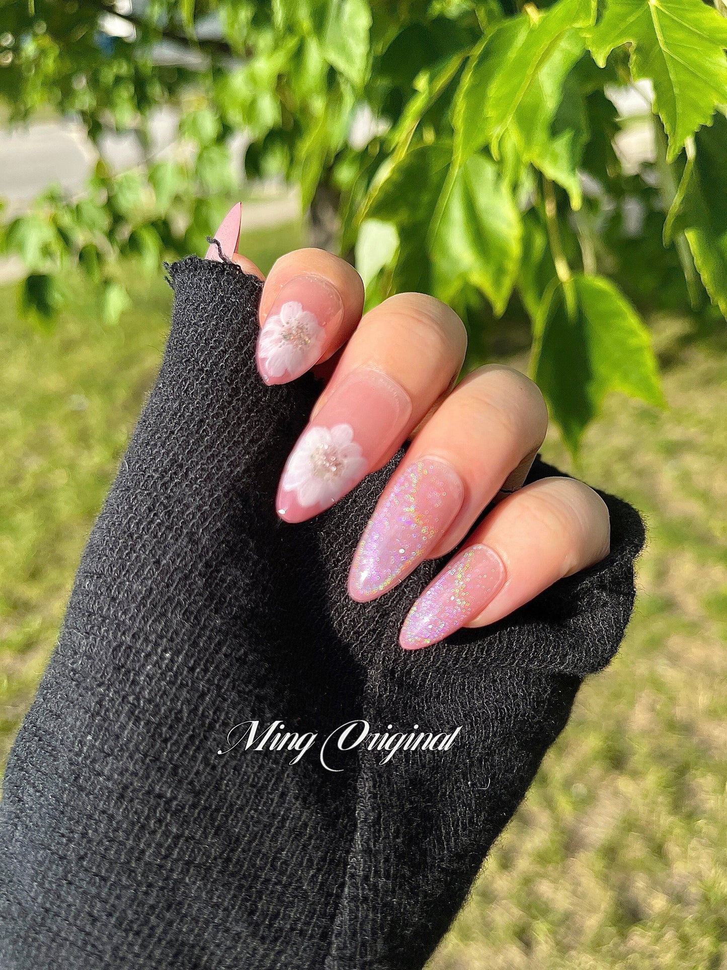 Rainbow Holo cat eye pink ombre with flower nail art, glittery white flower, Fake Nails, Handmade Gel Nails, Jelly Nails