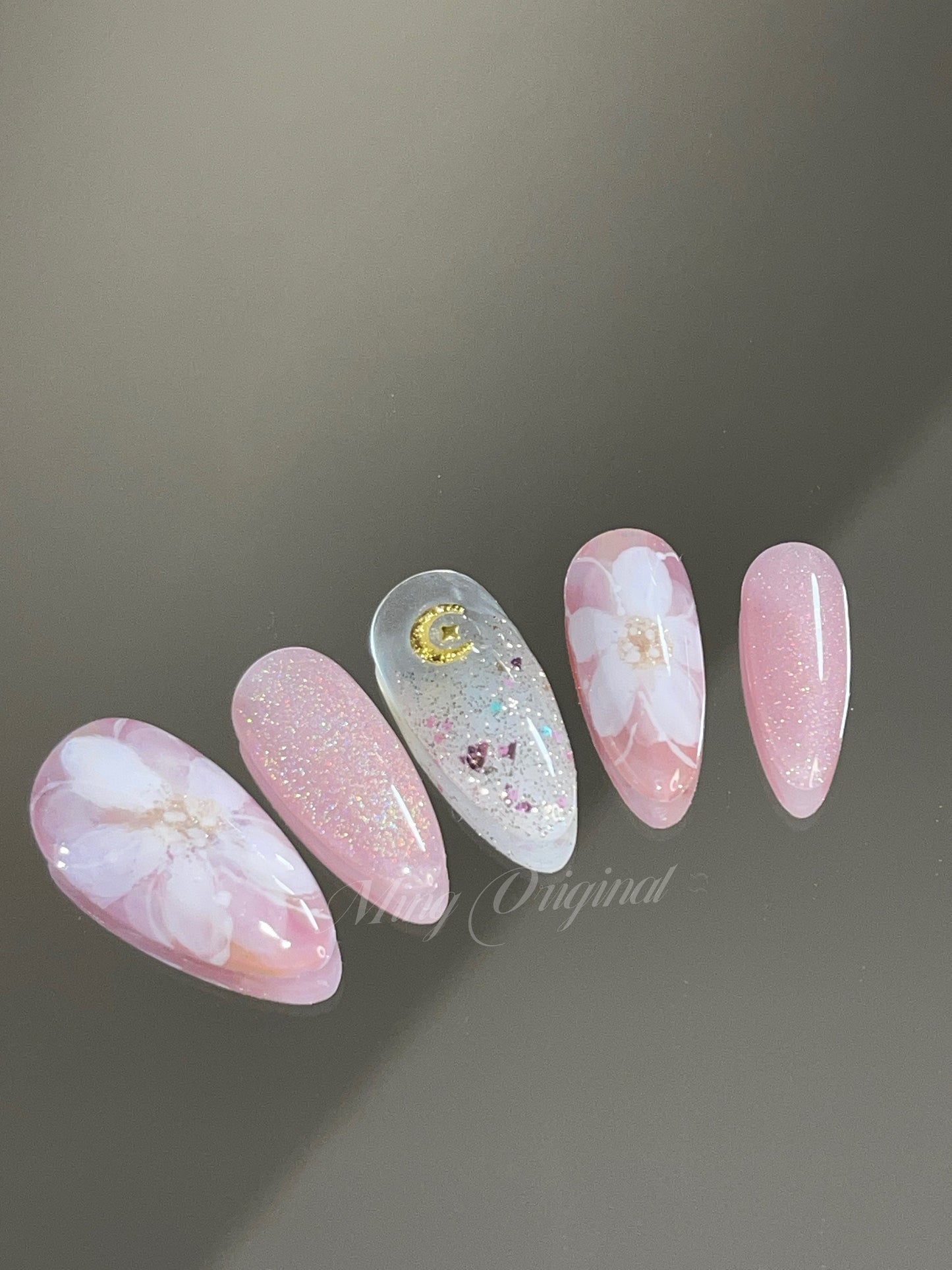 Reusable white flower art nail, holographic cat eye press on Nails, ombre glitter, Nail Artist faux nail, Handmade Gel Nail, pink jelly Nail