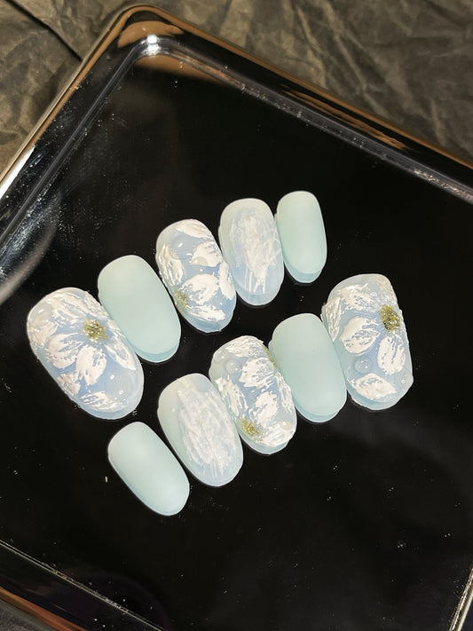 Reusable Blue sculptured flower painted with Water Drop press on nail, art nail, Handmade matte nail, 3D Nail