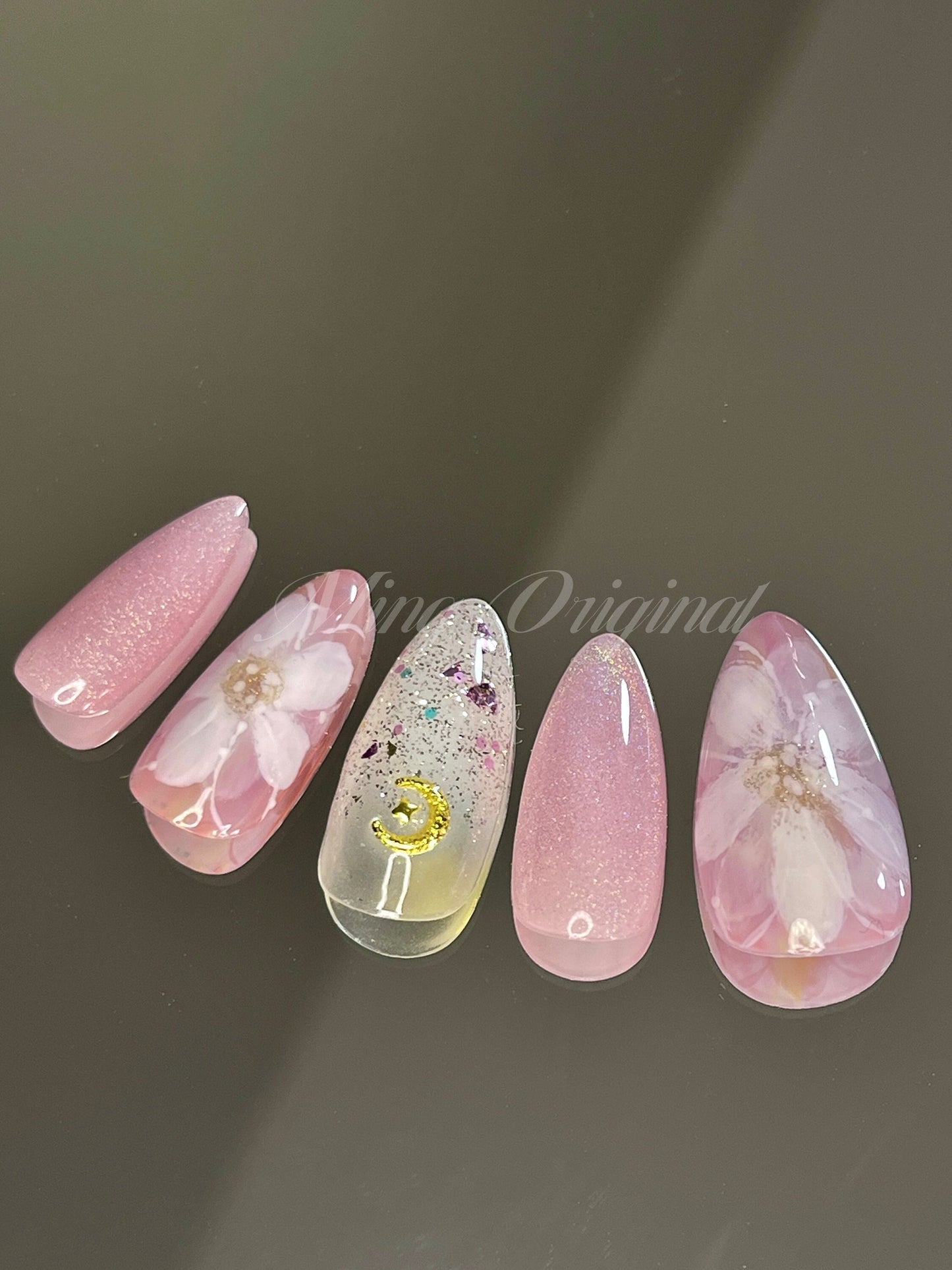 Reusable white flower art nail, holographic cat eye press on Nails, ombre glitter, Nail Artist faux nail, Handmade Gel Nail, pink jelly Nail