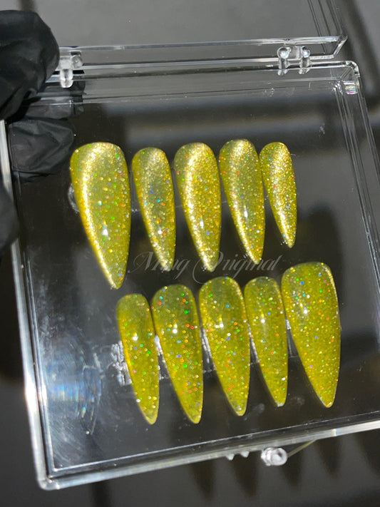 Yellow holo magnetic cat eye press on nails, semitransparent reuse nails, diamond reflective glitter fake nail