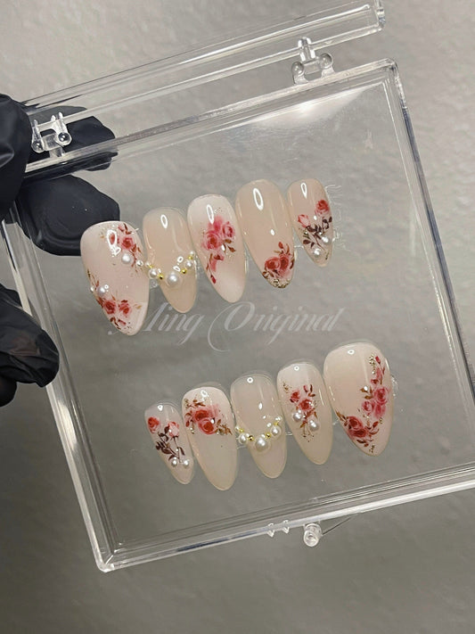 Nude Jelly Rose| Reusable Water Color Dry Rose Flower art nail, premium salon Press on Nail, French pearl nails, Handmade gel Nails